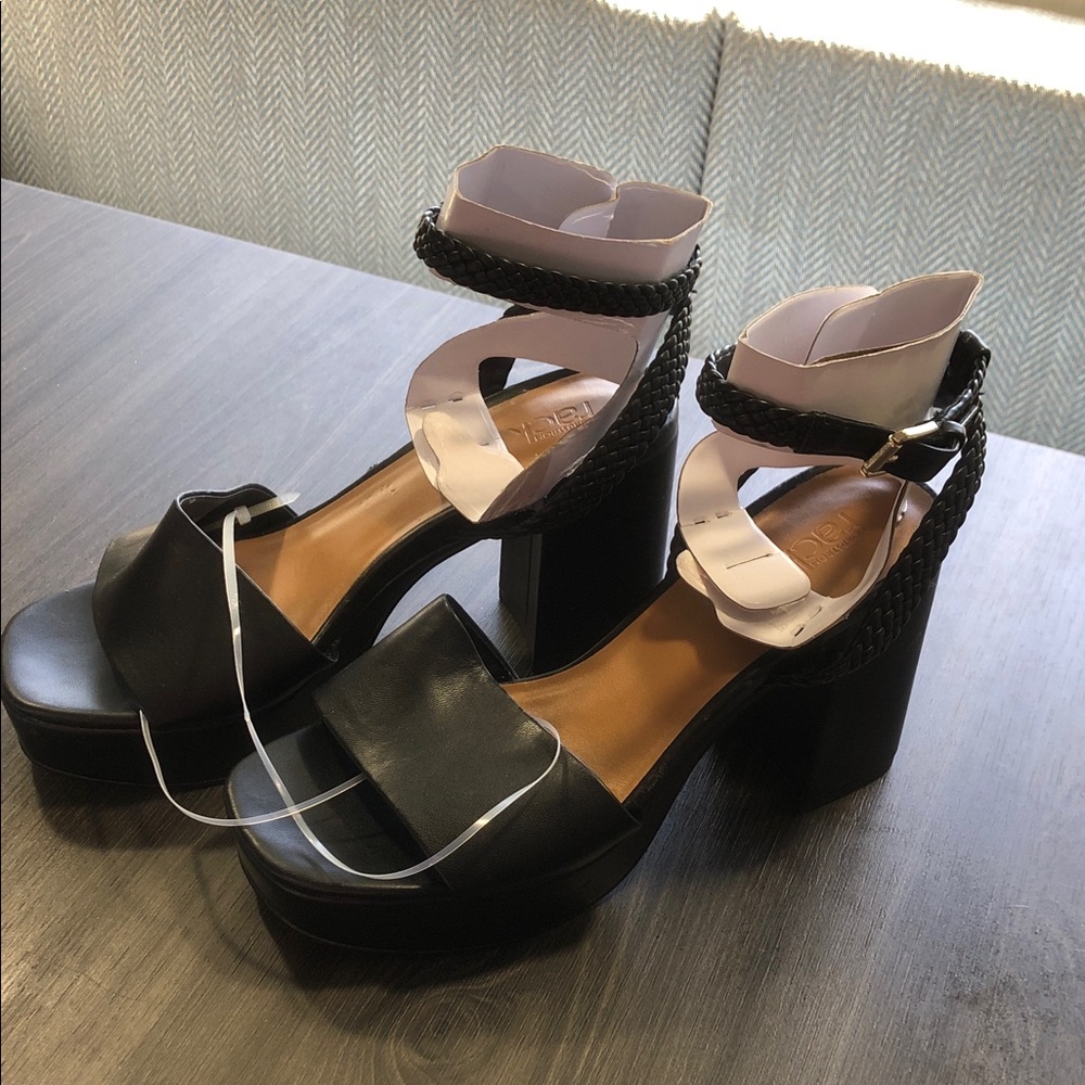 Black Platform Block Heel Sandals with Braided Ankle Strap